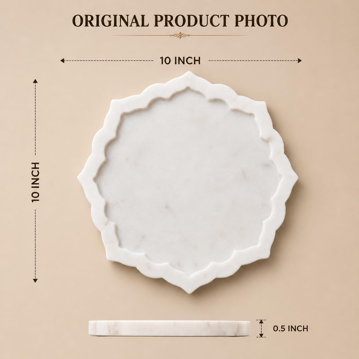Kay31 10 Inch White Marble Serving Tray with Scalloped Edge, Round Decorative Platter for Jewelry, Vanity Organizer, Home Décor, Decorative Tray (DT-10)