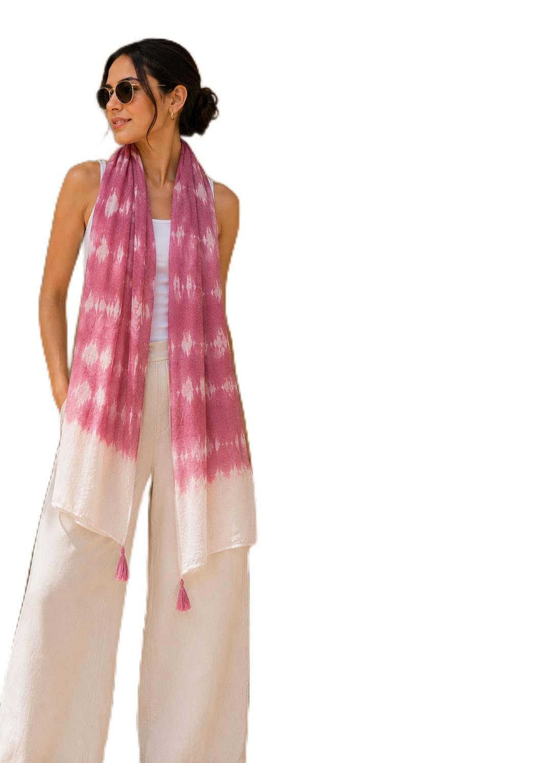 ESTA Women Scarf|Stole For Women|Scarf For Women Stylish|Stall For Women|Modern chic Face Cover Head Wrap |Tie-Dye Ombre Printed Tassel Stole pink.whte color|180x50cm