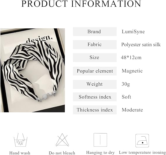 CAPICHINO Women Silk Scarf Necklace Magnetic Buckle with Rhinestone Small Neckerchief Clavicle Chain Headdress Pendant Scarf (Black White 2)