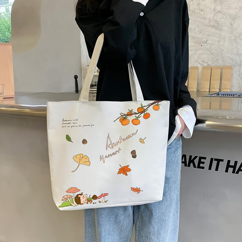 Canvas Tote Bag, Autumn Harvest Print, Large Shoulder Bag, White, Casual Style