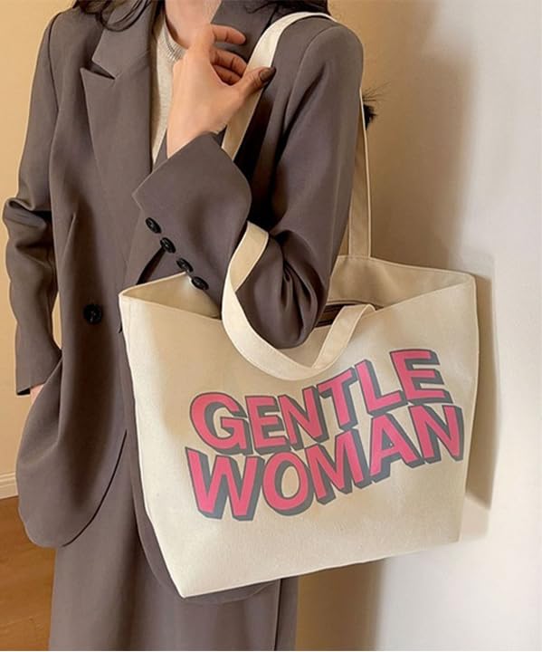THE SACK CO. Large Canvas Tote Bag for Women, Tote Handbags for Women with Zipper for College, Shopping, Office (White bag gntl women pink & grey)