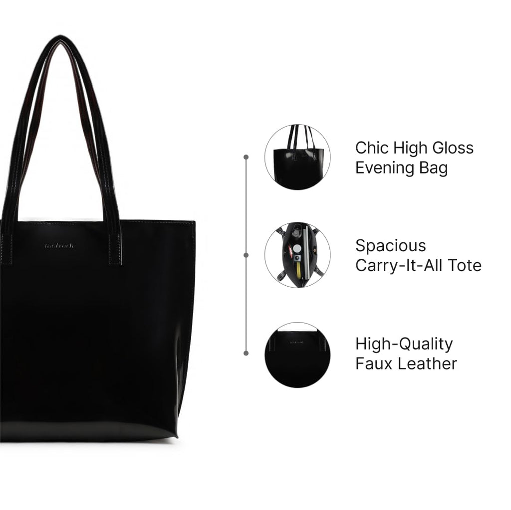 Fastrack Black Patent Party Tote Bag for Women, Girls and Ladies | Spacious Tote Bag with Button Closure