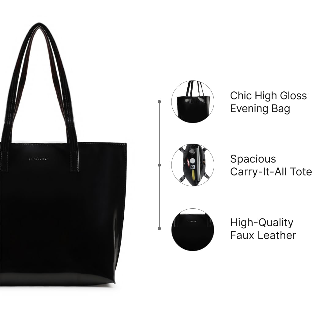 Fastrack Black Patent Party Tote Bag for Women, Girls and Ladies | Spacious Tote Bag with Button Closure