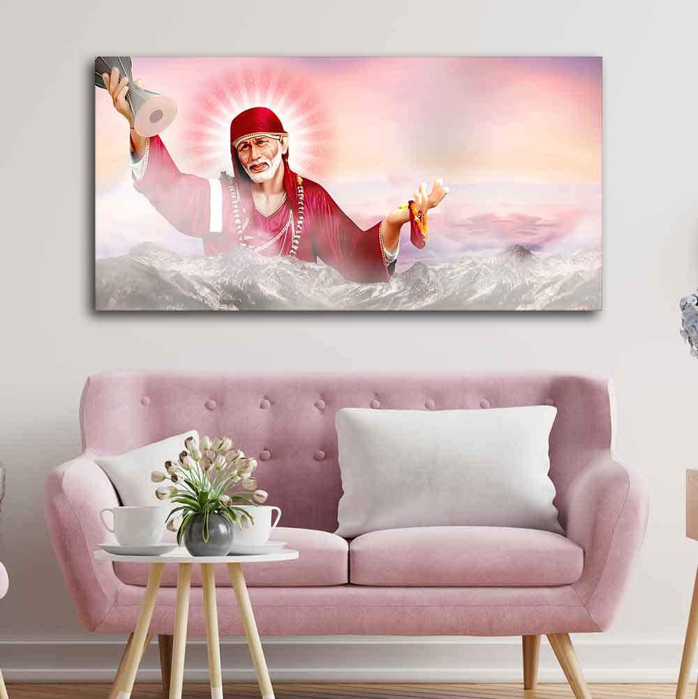 VIBECRAFTS Canvas Paintings for Living Room Drawing Room Big Size Devotional Sai Baba Wall Painting Fitted with Wooden Frame for Home|Office|Gift(PTVCH_2249N)
