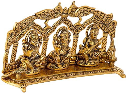 Prince Home Decor & Gifts Metal Laxmi Saraswati Idol Decorative Murti Peacock Frame Metal Statue For Pooja & Your Home, Office, Decorative Showpiece Figurines, Corporate Gift, Golden