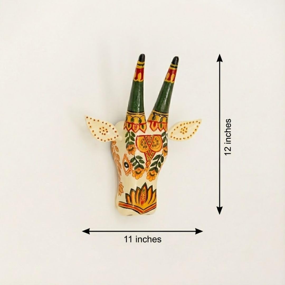 ATRANGI STUDIO Handpainted Wooden Cow Head Wall Decor | Ethnic Wall Art | Symbol of Prosperity | Wall Hanging for Home, Temple & Puja Room | Ready to Hang | 12 Inch, White