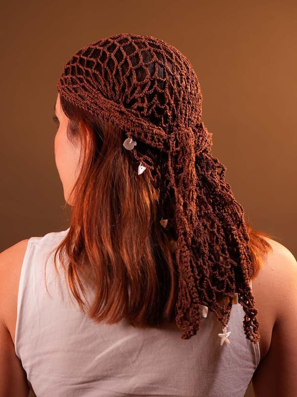 Hair Drama Co. Boho Crochet Scarf with Shell Charms For Women | Medium Size Brown Crochet Headscarf | Bohemian Bandana Scarves | Cotton Thread Headband Scarfs for All Seasons