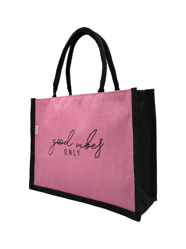 JUTEKA Unisex Quote Printed Jute Bag For Lunch, Office, Grocery, Picnic, Tiffin, Shopping Hand Bag With Padded Cotton Handles, Pink