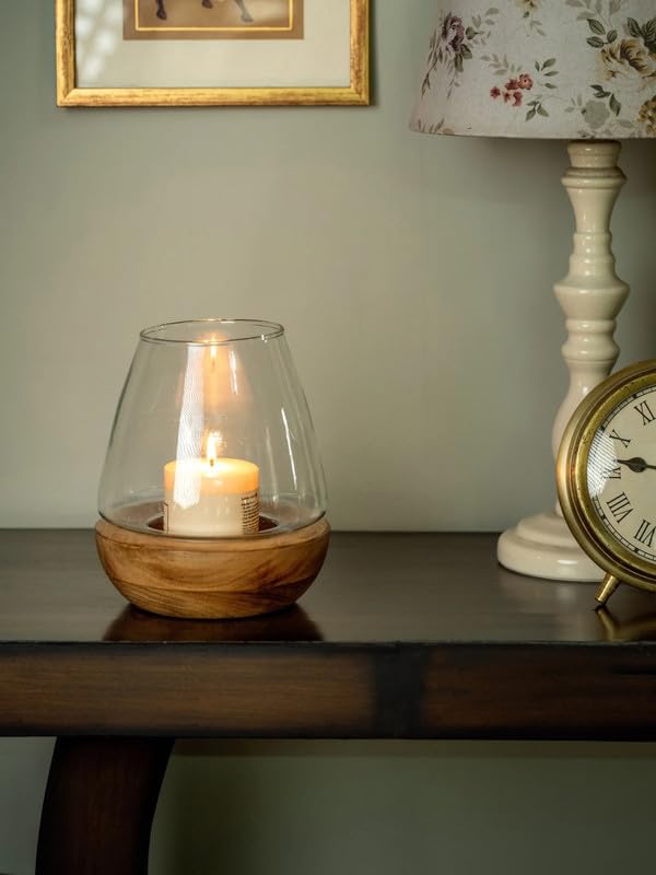 Araana Home Glass Candle Holder with Wooden Base - Decorative Centerpiece for Home Décor, Living Room, Dining Table, and Special Occasions - Home Decore.