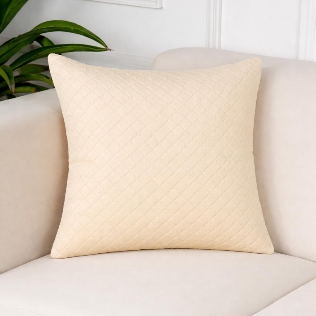 STITCHNEST Quilted Velvet Cushion Covers Set of 5 | Soft Beige | 18x18 Inches | Premium Sofa & Living Room Décor