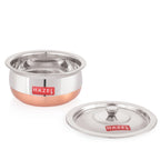 HAZEL Copper Bottom Handi Small 850 ml with Lid | Stainless Steel Cookware Handi | Copper Bottom Vessels for Cooking | Steel Utensils for Kitchen | Small Steel Vessels for Cooking
