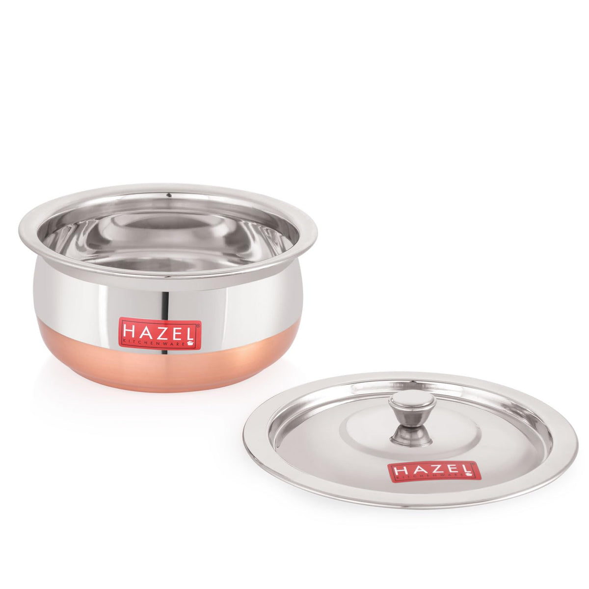 HAZEL Copper Bottom Handi Small 850 ml with Lid | Stainless Steel Cookware Handi | Copper Bottom Vessels for Cooking | Steel Utensils for Kitchen | Small Steel Vessels for Cooking
