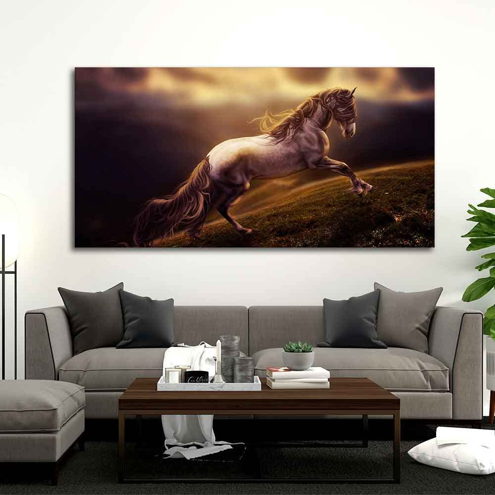 VIBECRAFTS Canvas Paintings for Living Room Drawing Room White Horse With Golden Hair Premium Canvas Panoramic Wall Painting Fitted With Wooden Frame for Home | Office | Gift (PTVCH_2336)