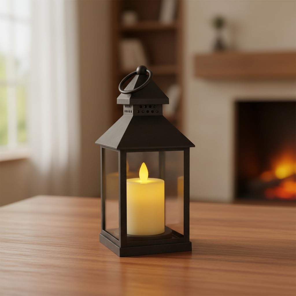 Vintage LED Lantern Light with Flickering Candle, Battery Operated Hanging Lamp, Antique Glass Lantern for Home Decor, Diwali Decoration Lights, Table & Wall Hanging Lamp Black vivinin (Set 1)