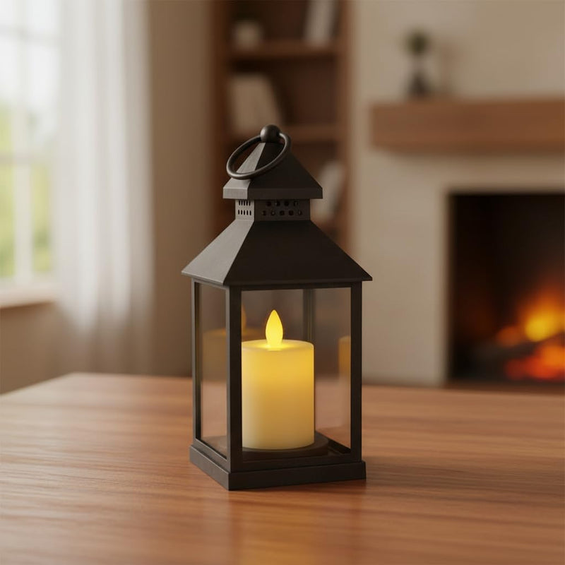 Vintage LED Lantern Light with Flickering Candle, Battery Operated Hanging Lamp, Antique Glass Lantern for Home Decor, Diwali Decoration Lights, Table & Wall Hanging Lamp Black vivinin (Set 1)