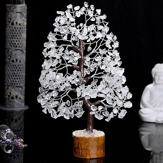 JINALI GEMS ® Clear Quartz Tree - Natural Gemstone Healing Crystal Bonsai Tree of Life- Protection & Aura Cleansing - Size 9-10 inch (Silver Wire - 300 Beads Approx)