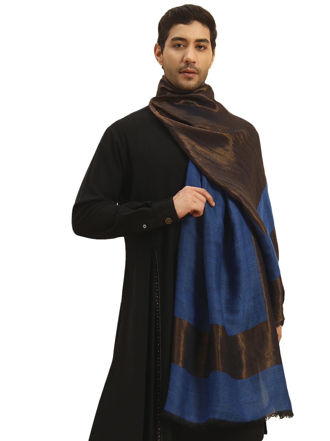 Pashmoda Men Midnight Bronze Reversible Zari Moonlight Fine Wool Stole (Size-28x80in, 71x203cm) MZSST04