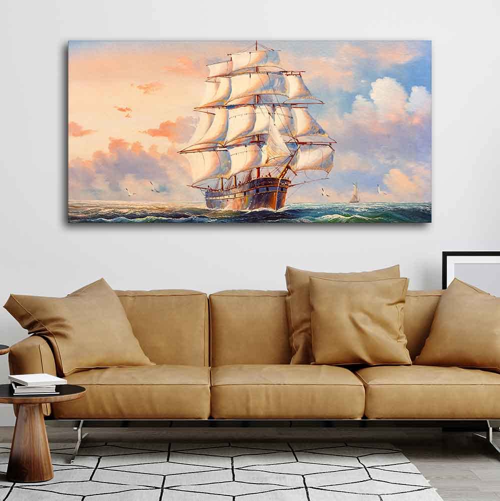 VIBECRAFTS Homcraft Canvas Paintings for Living Room Drawing Room Amazing Sailing Ship Wall Painting Fitted with Wooden Frame for Home|Office|Gift(PTVCH_2265)(48 x 24 Inches)