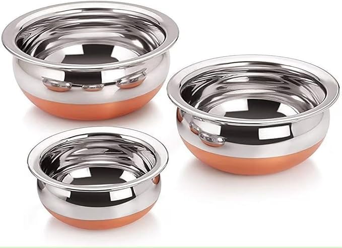PUHBRHY 3pcs Stainless Steel Copper Bottom Kitchen Serving,Traditional Indian Cook,Biryani Handi for Restaurant Cookware Set Ideal for Dal & Gravy & Dining Serveware (3 pcs)
