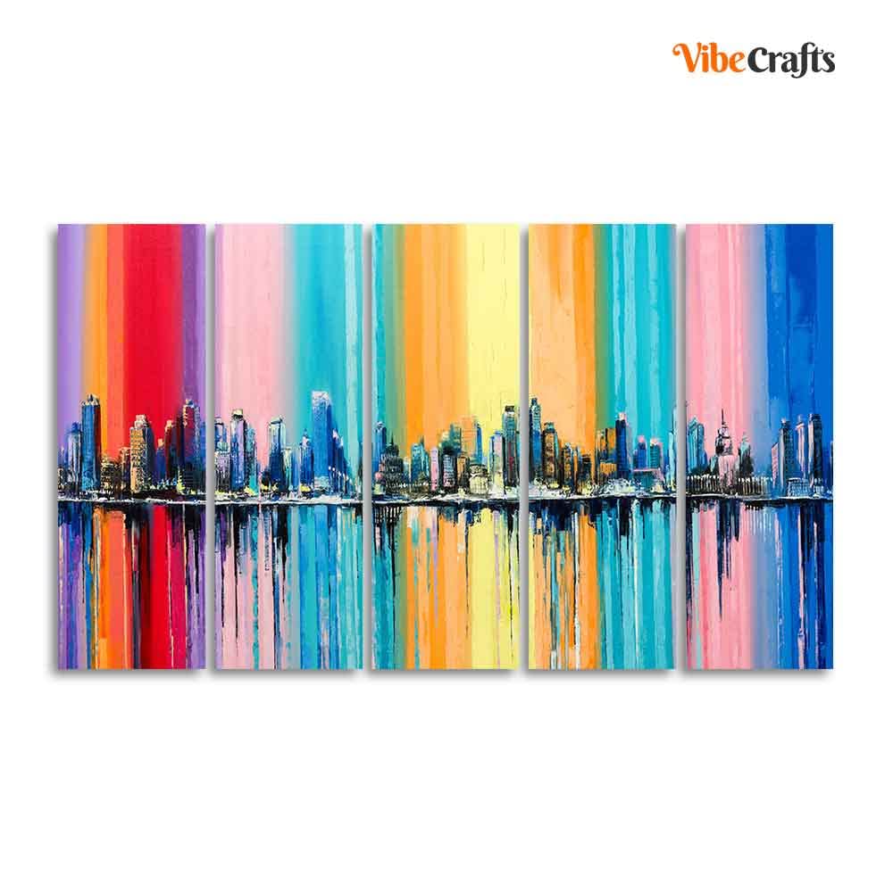 VIBECRAFTS City Skyline Premium Canvas Wall Painting Set of Five For Home|Office|Living Room|Gift (PTVC5Pcs4_8631)