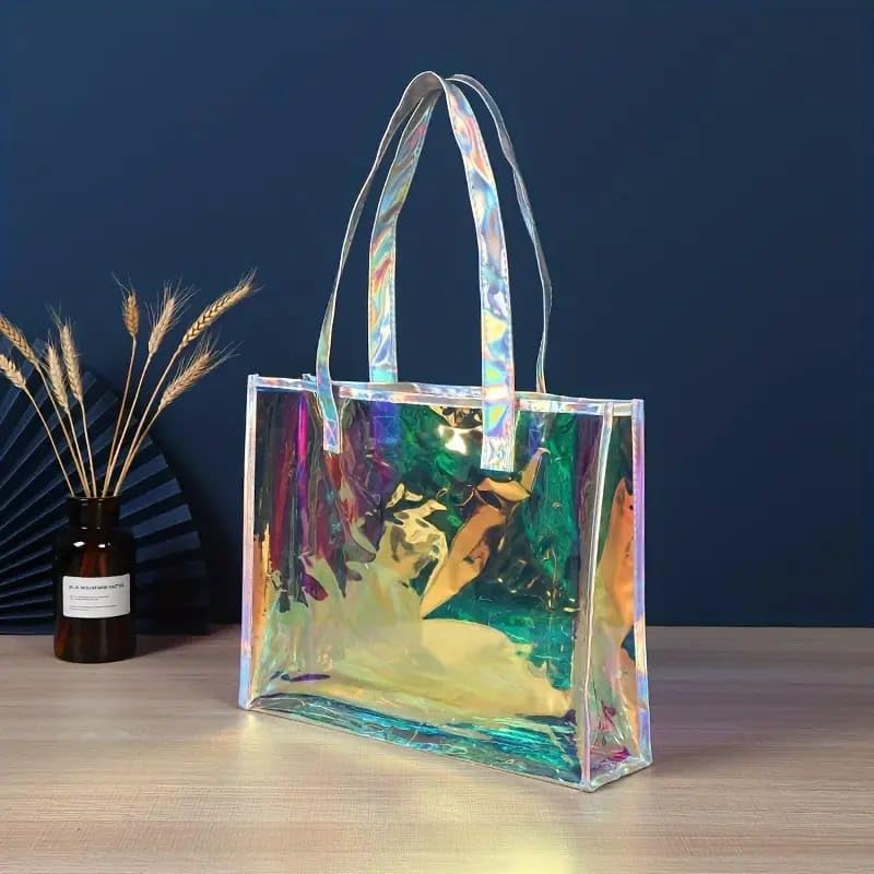 PROUDME Holographic Transparent Women's Tote Bag Iridescent Rainbow Shine, Durable PVC Material, Stylish Clear Handbag for Everyday Use, College, Beach, or Travel