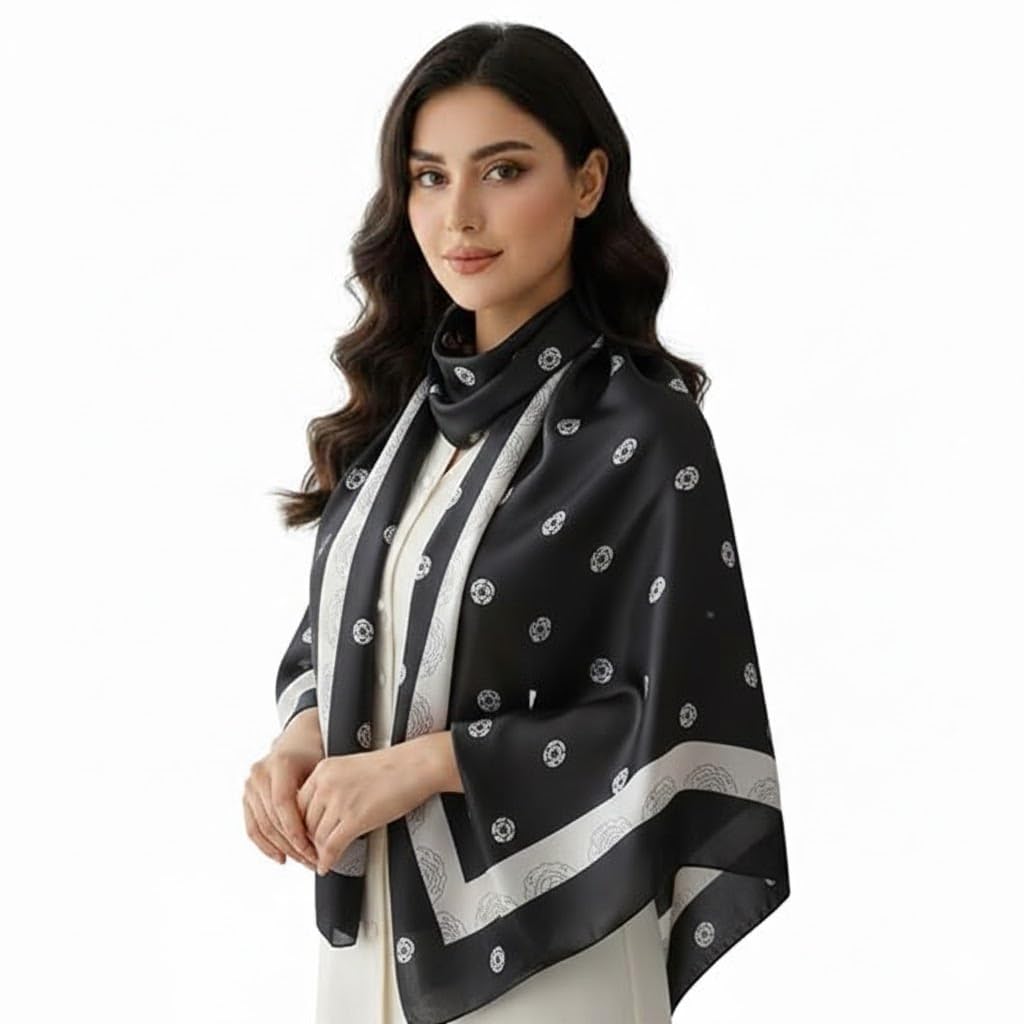 Fatimiyah Enterprises Luxury Printed Silk Scarf for Women – Soft Floral Silk Stole, Lightweight Fashion Shawl Wrap for Wedding, Party & Casual Wear (Black & Cream)