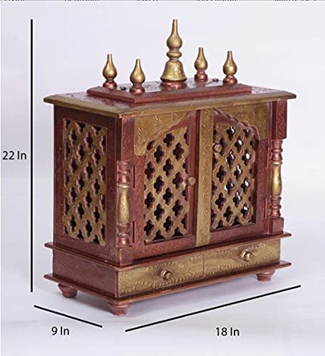 Jodhpur Handicrafts MDF Wood Home Temple Puja Mandir Home Temple Pooja Mandir with Door Pooja Room Stand (18 inch x 9 inch x 22 inch, Copper & Golden)