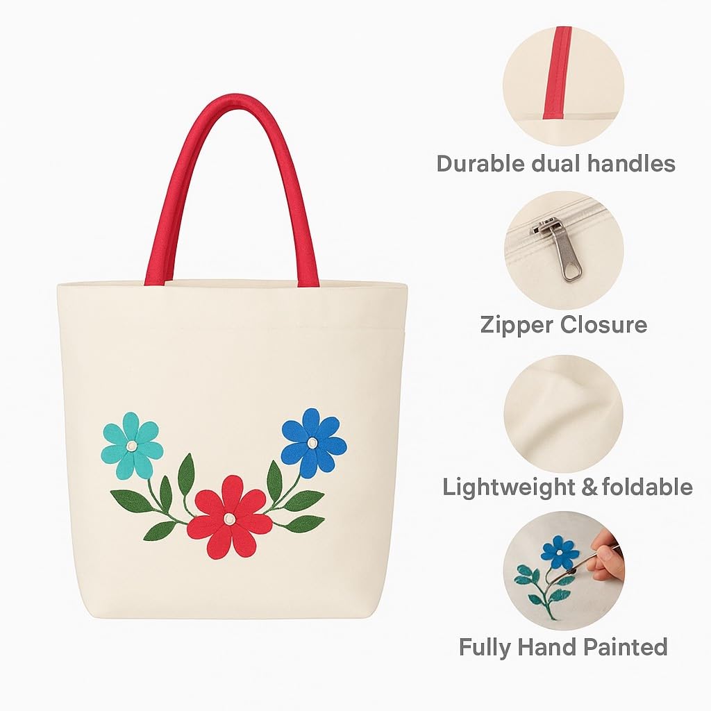 ZIG ZAG BAGS Canvas Tote Bag with Zipper | Daisy Design | Hand-Painted Cotton Tote for Girls, Office & Shopping | Eco-Friendly Cloth Handbag | Stylish Shoulder Shopping Bag for Women (Daisy)