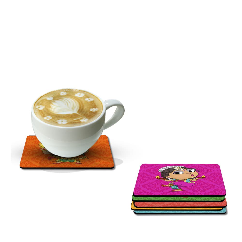Artvibes Printed MDF Wooden Coasters for Home and Kitchen | Dining Table Decor | Square Coasters | Kitchen Decorative Items | Table Decoration | Home Decor (Set of 6 | 4x4 Inch)(Cartoons) TC_2011