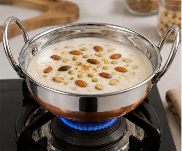 PAVANI Enterprises Stainless Steel Copper Bottom Kadhai with Handles | Heavy Duty Induction & Gas Compatible Cooking Kadai | Silver & Copper | Size No. - 10 (1 L)