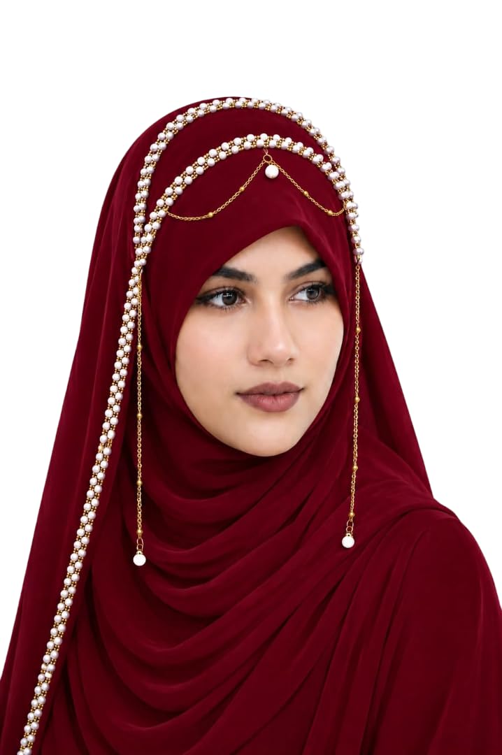 AL NOOR HIJAB Women's Pearl Chain Stone Hijab Scarf WIth Chiffon Dupatta