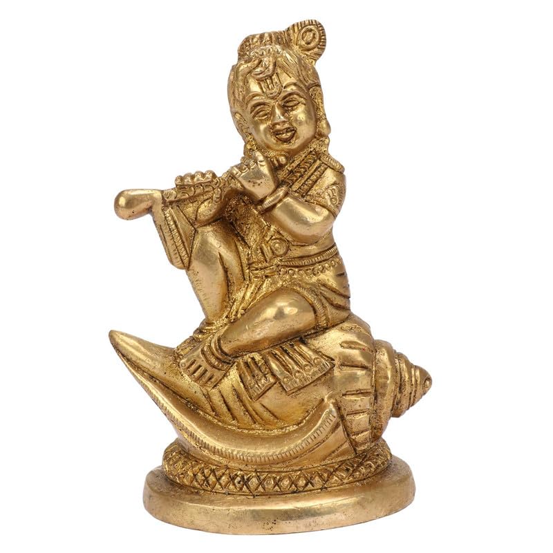 SVARUP Brass Bal Krishna Bhagwan Sitting on Shankh in Gold Color Height 4.5 Inch