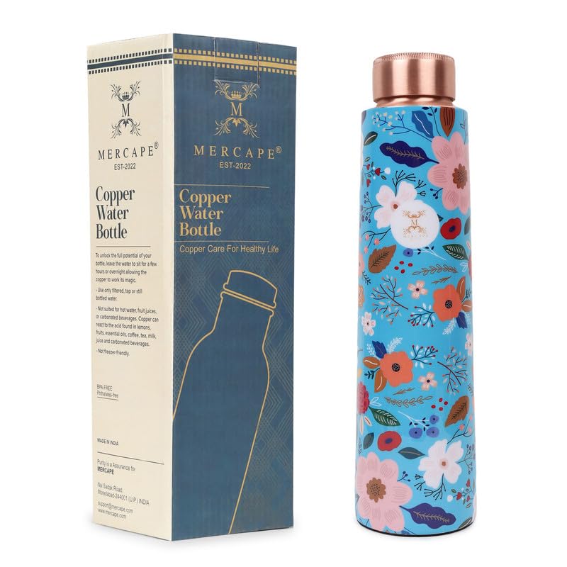 MERCAPE Pure Copper Water Bottle 900 ml | Floral Printed Designer Finish | Leak-Resistant Screw Cap | Jointless Construction | Reusable Water Bottle for Home, Office, Gym & Travel