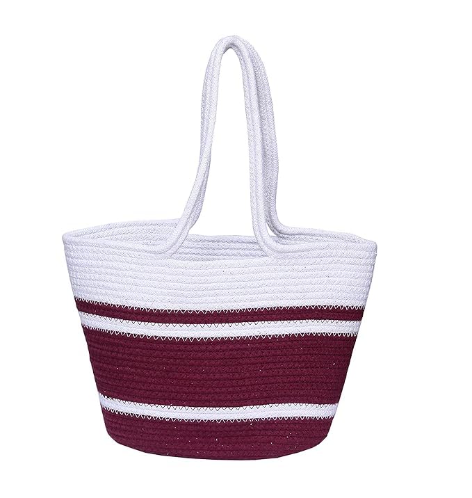 BEAUTIFUL HOMMIES Attractive Hand Bag |large Tote Bag |Summer Bag | Bucket Bag | Basket Bag | Bamboo Tote | Beach Bags for Women|Boho Bag|Handbag |Jute Bag |Handmade Bag (WHITE MAROON)