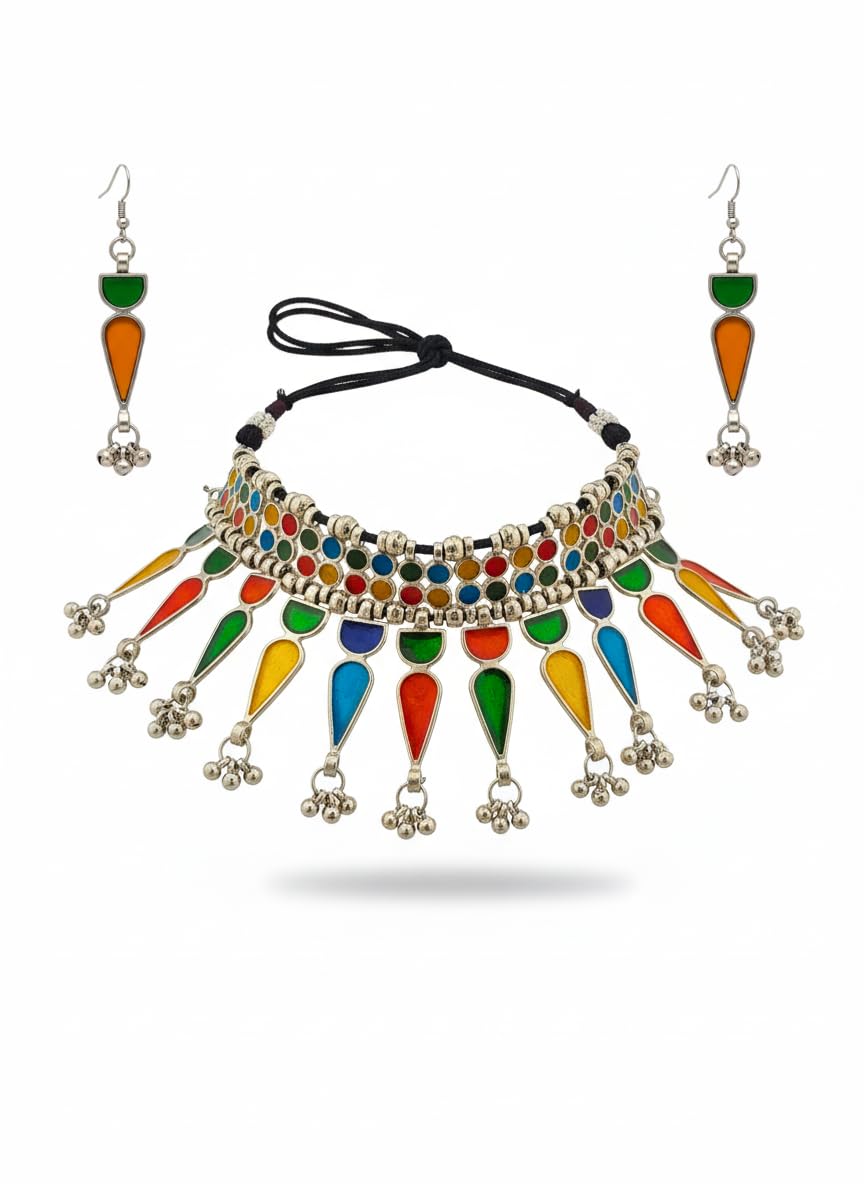 SNEHKRITI Multicolour Oxidised Silver Choker Necklace Set with Earrings, Traditional Tribal Mirror Finish Enamel Jewellery, Handmade Statement Ethnic Necklace for Festive