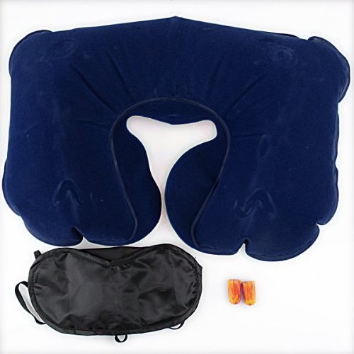 Auraaq 3 in 1 Travel Inflatable Nylon Neck Air Cushion Pillow with Eye Mask and 2 Ear Plugs (Set of 3)