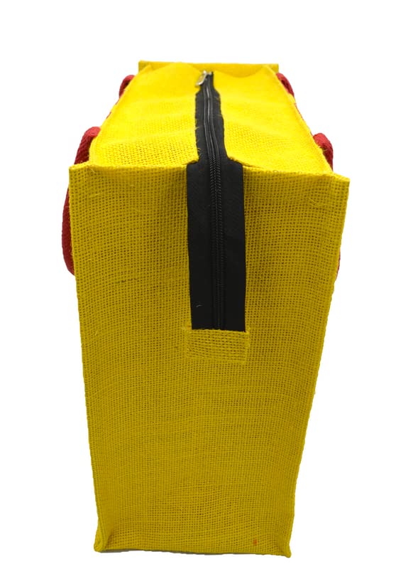 JUTEKA Unisex-Adult Red And Yellow Leave Printed Jute Bag For Lunch, Office, Grocery, Picnic, Tiffin, Shopping Hand Bag With Padded Cotton Handles