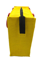 JUTEKA Unisex-Adult Red And Yellow Leave Printed Jute Bag For Lunch, Office, Grocery, Picnic, Tiffin, Shopping Hand Bag With Padded Cotton Handles