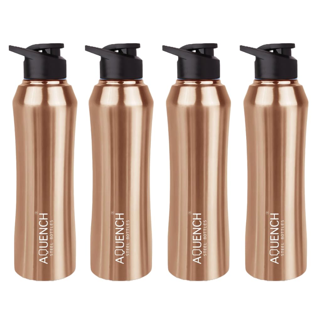 Aquench Stainless Steel Water Bottle, 1 Litre Capacity,Gym, Office, Boys, Girls, Men, Women, Kids, Fridge 1Ltr - 1000 ml, Leak-proof Sipper Cap (Pack of 4, Copper)
