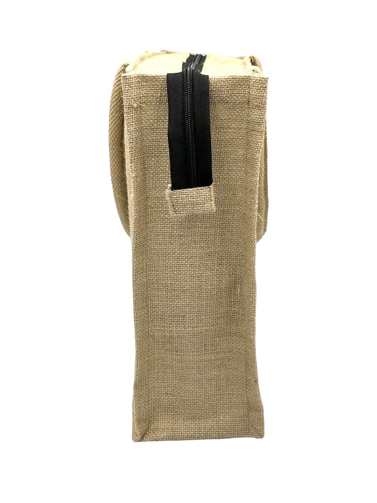 JUTEKA Printed Eco Friendly Jute Bag with Zipper Closure and Premium Cotton Handles for Lunch, Grocery, Tiffin, Office, Shopping