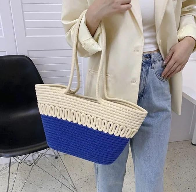 BEAUTIFUL HOMMIES Attractive Hand Bag |large Tote Bag |Summer Bag | Bucket Bag | Basket Bag | Bamboo Tote | Beach Bags for Women|Boho Bag|Handbag |Jute Bag |Handmade Bag (BEIGE BLUE)