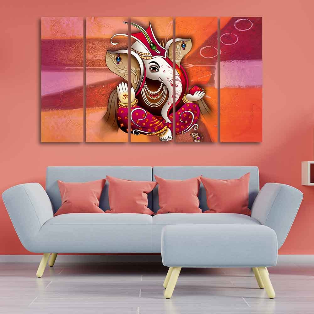 VIBECRAFTS Traditional Shree Ganesh 5 Pieces Canvas Wall Painting For Home | Office | Living Room | Gift (PTVC5Pcs4_8531)