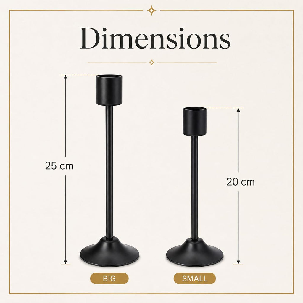 Black Metal Candle Holder Stand Set of 2, Tall Modern Taper Candle Holders with Wide Stable Base, Decorative Tabletop Candle Stands for Living Room, Dining Table, Wedding & Home Decorr