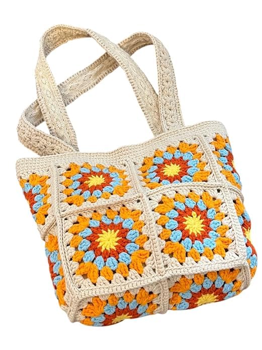 M/S DIGITAL HANDICRAFT Womens Stylish Cotton Hand-crochet Spacious Tote Shopping Bag Handmade Knitting Shoulder Bag, Vintage Style Crochet Bohemian Bag