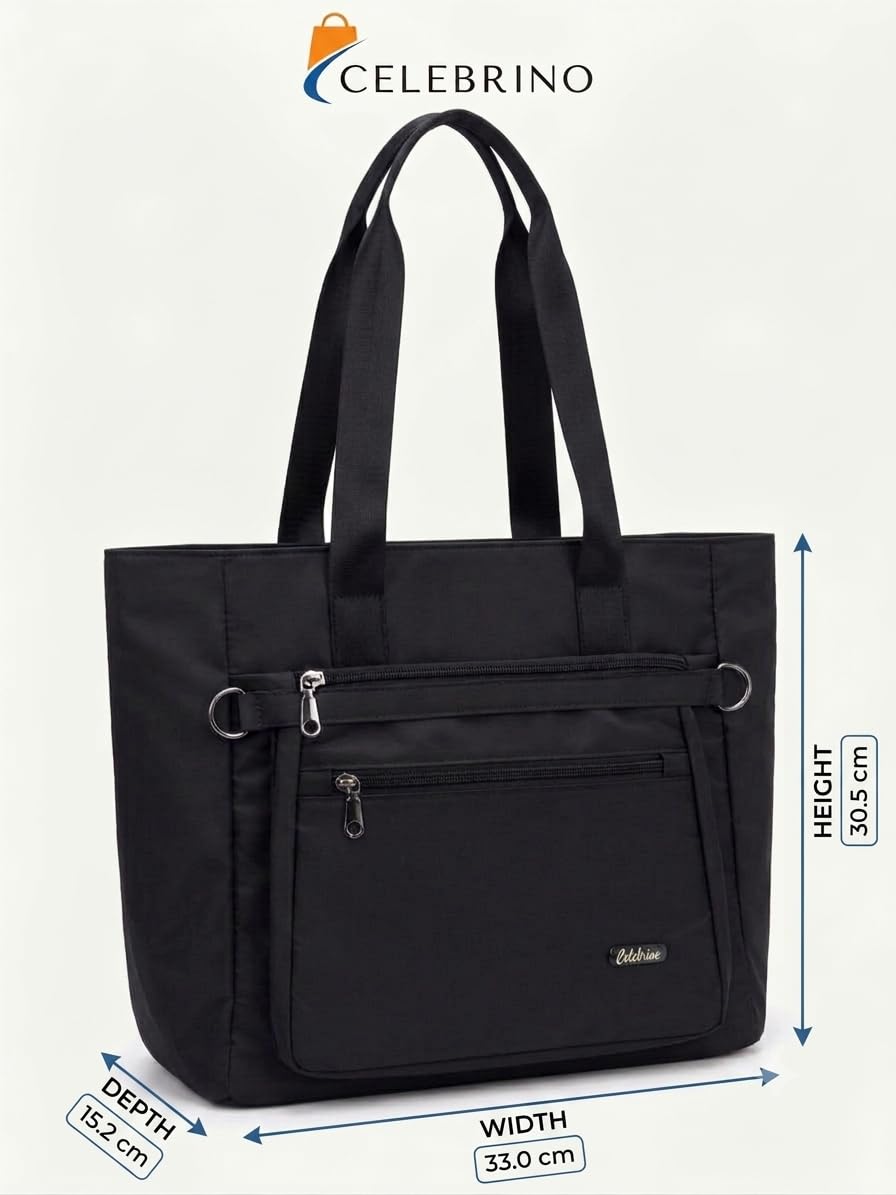CELEBRINO Spacious Tote Handbag for Women | Nylon Hand Bags with Multiple Zip Compartments | Waterproof Large Shoulder Bag for Office, College, Travel & Shopping | Multi Pocket Zipper Handbags