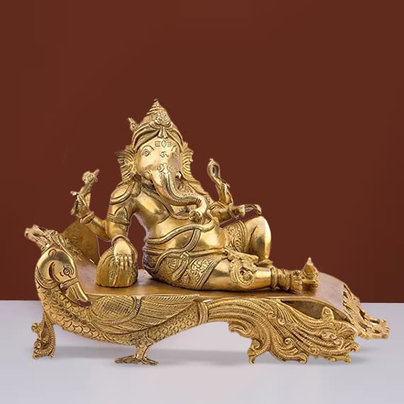 ARTVARKO Large Size Brass Ganesh Bhagwan Idol Resting Position Virajman on Designer Peacock Couch Ganesha Ganapati Ganpati Puja Decor Gift