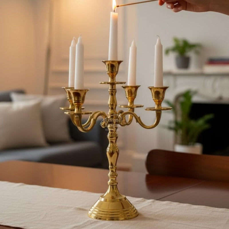 Extreme Karigari Decorative Aluminum Vintage 5-Arm Brass Gold Candelabra Candle Holder – Elegant Metal Table Centerpiece for Home, Wedding, Party, Dining Room & Living Room Decor