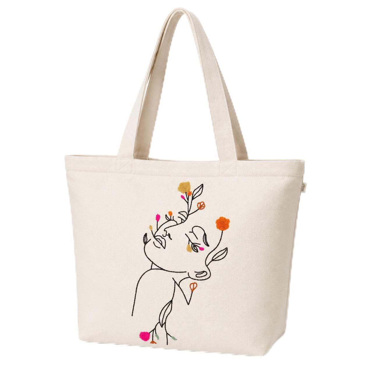 MASQ Premium ToteBag for Women with Zipper | Embroidered Foldable Shoulder Bag with Multiple Pockets | Spacious Handbag for College & Office | Eco-Friendly & Reusable (AP_TB_Girl_Face_01)