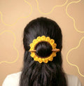 Handmade Crochet Sunflower Hair Bun Holder with Wooden Stick Pin, Yellow Floral Hair Accessory