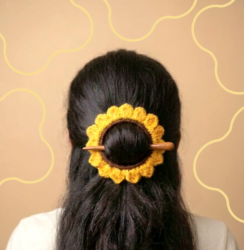 Handmade Crochet Sunflower Hair Bun Holder with Wooden Stick Pin, Yellow Floral Hair Accessory